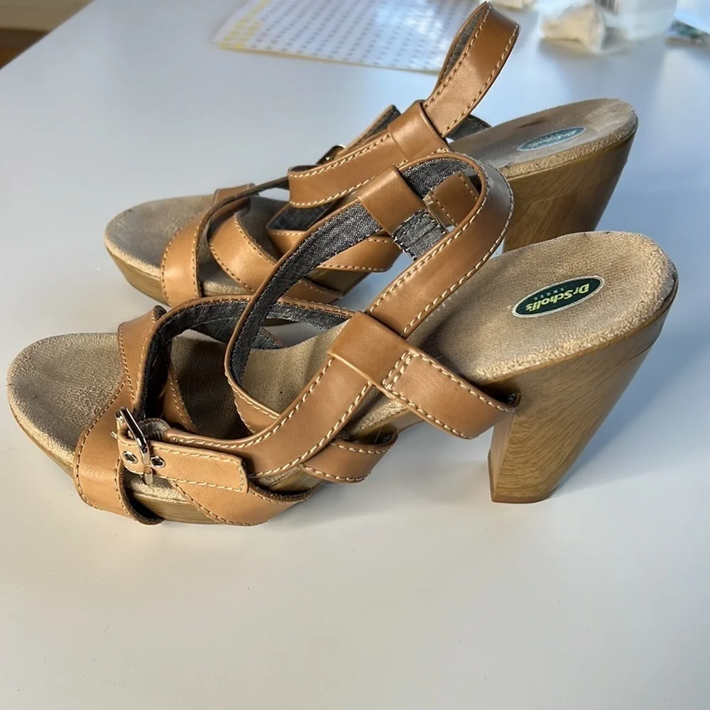 Dr. Scholl’s Band Platform Sandals Tan Leather Strappy Wooden Heel Size 10